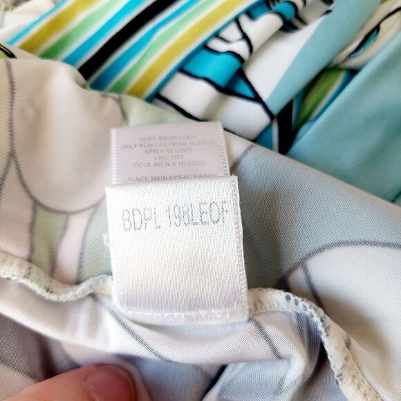 BCBGMAXAZRIA Abstract Art Deco Butterfly Blouse Striped Belted Peplum Top Sz M - Picture 7 of 15